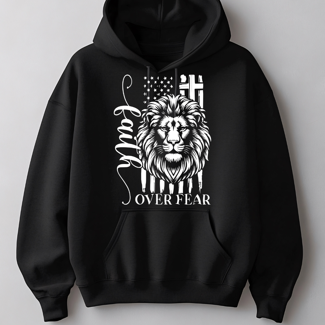 Lion Over Fear Hoodie — Patriotic American Flag Lion Graphic Sweatshirt - Image 3